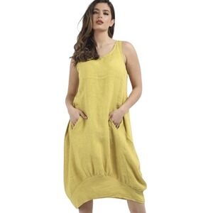 FOR‎ CYNTHIA Size Small Linen/viscose Mustard sleeveless bubble dress Lagenlook